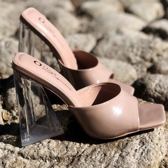 NEW Patent Clear Triangle High Block Heel Square Toe Slip On Sandals Mules Shoes - Picture 4 of 9